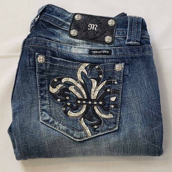 Miss Me Womens Easy Cropped Jeans Blue Stretch Embroidered Medium Wash Denim 28 - Picture 5 of 12